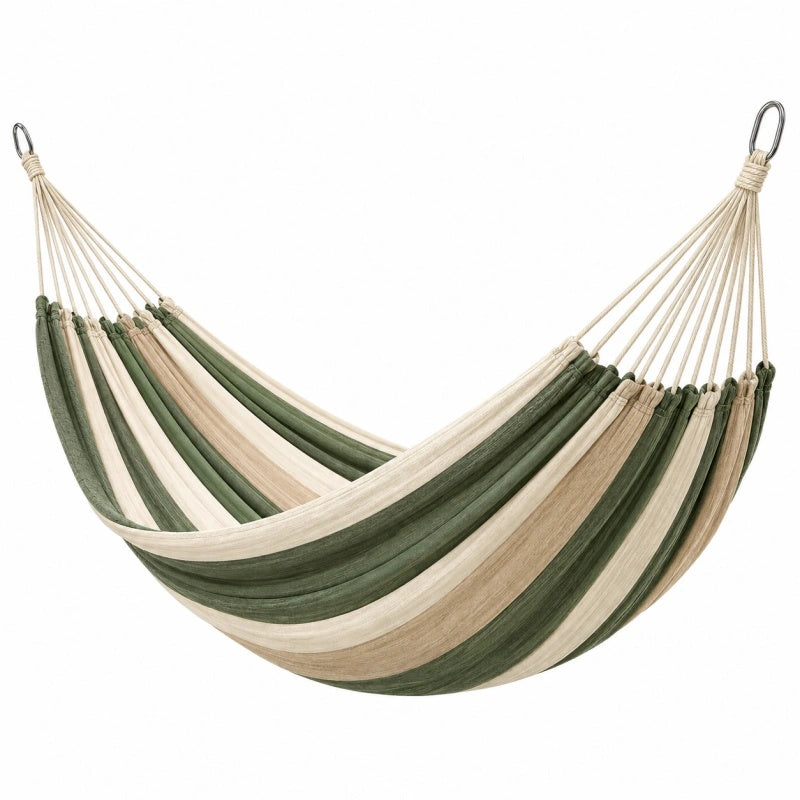 Amaca 270 x 150 cm in tessuto verde beige e crema con anelli metallici per relax