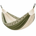 Amaca 300 x 150 cm in cotone verde e avorio con moschettoni sospesa da giardino