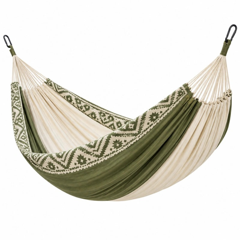 Amaca 300 x 150 cm in cotone verde e avorio con moschettoni sospesa da giardino