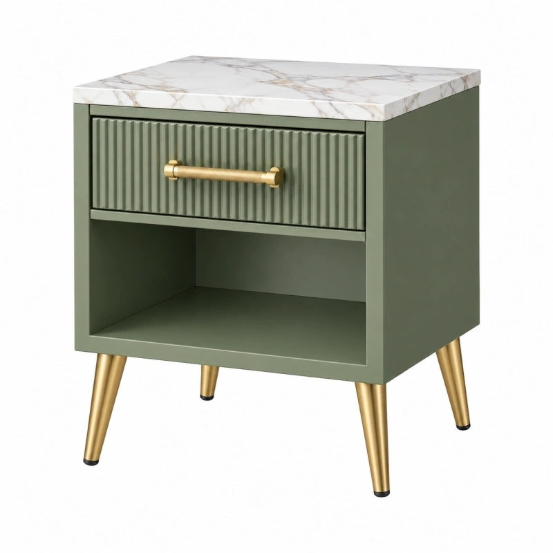 Comodino 45 x 40 x 60 cm verde con piano effetto marmo e cassetto