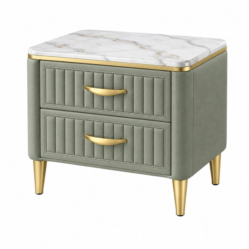 Comodino 50 x 40 x 55 cm verde salvia in similpelle con piano effetto marmo e 2 cassetti