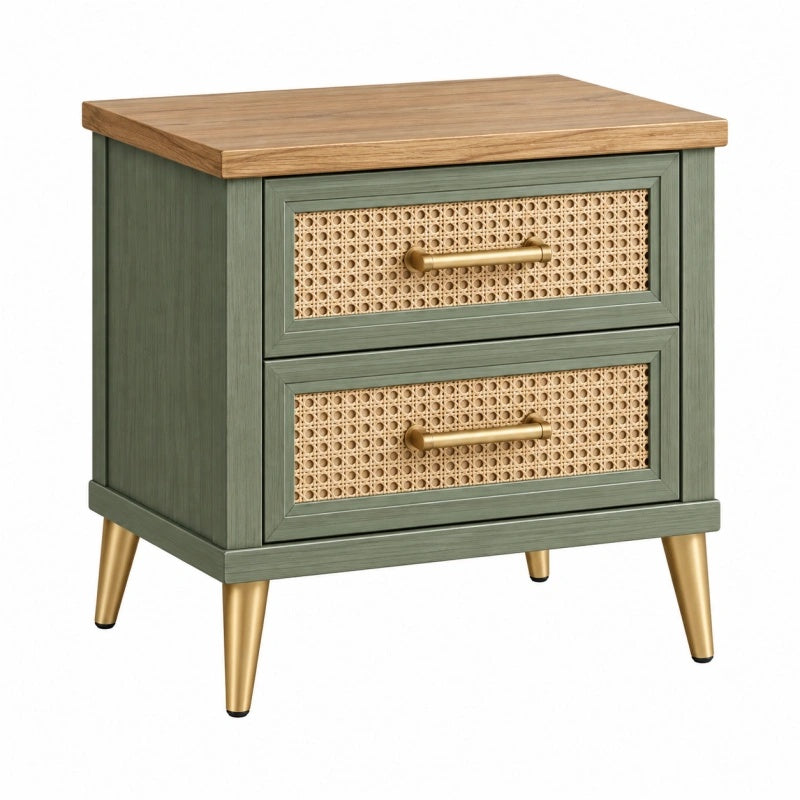Comodino 50 x 40 x 60 cm in legno verde con cassetti in rattan stile retrò