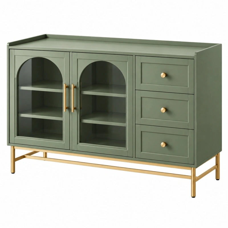 Credenza 120 x 40 x 85 cm in legno verde salvia con vetro e cassetti stile moderno