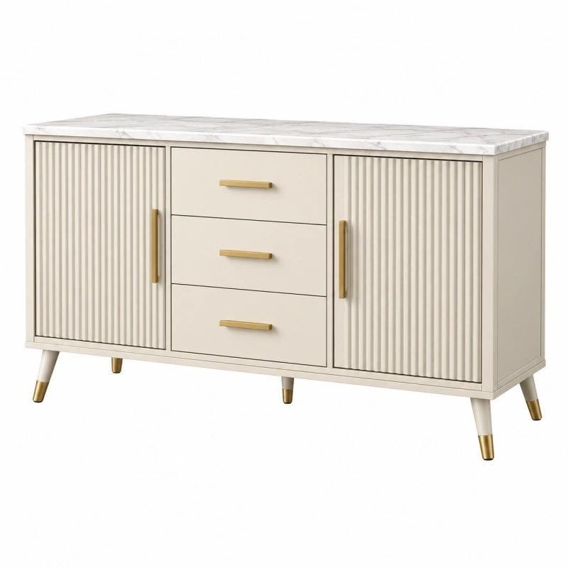 Credenza 150 x 45 x 85 cm in legno ingegnerizzato avorio con piano effetto marmo - contenitore moderno con 3 cassetti e 2 ante