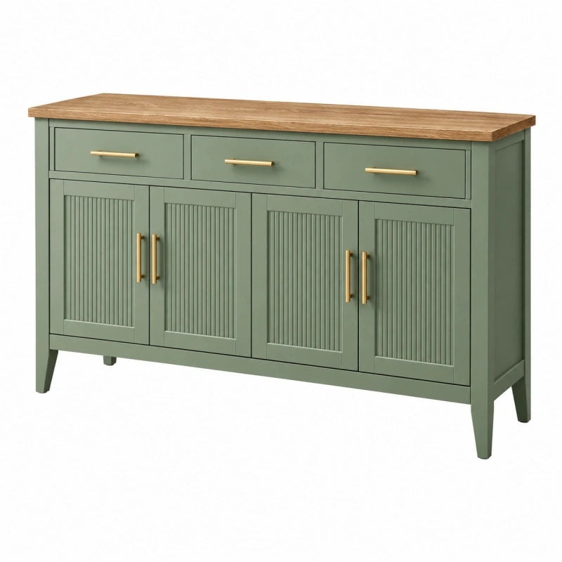 Credenza 160 x 45 x 90 cm in legno verde salvia con piano effetto rovere e ante scanalate