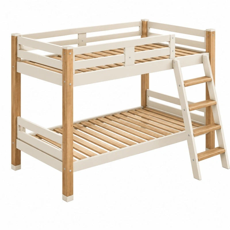 Letto a castello 90 x 200 cm in legno bianco e naturale con scala e sponde