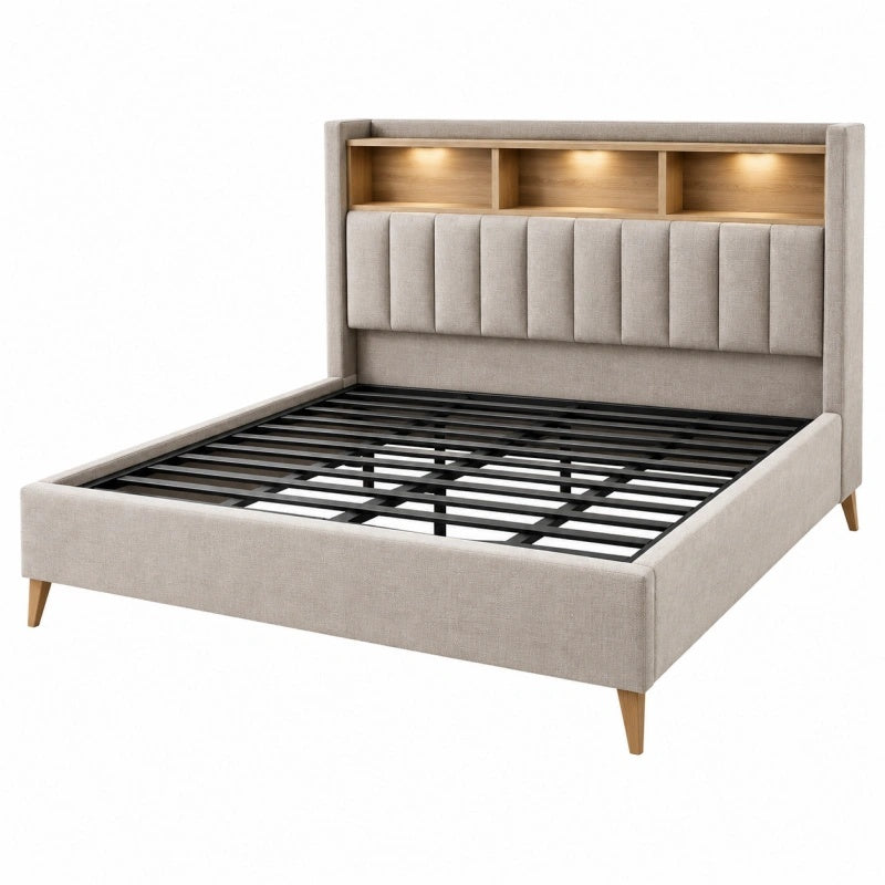 Letto matrimoniale 160 x 200 cm in tessuto beige con testiera contenitore e rete a doghe stile moderno