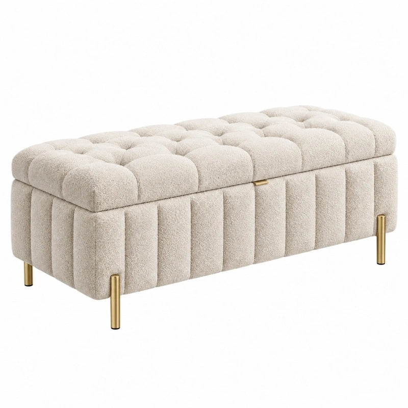Panca contenitore 120 x 45 x 45 cm in tessuto bouclé beige con gambe dorate - imbottita