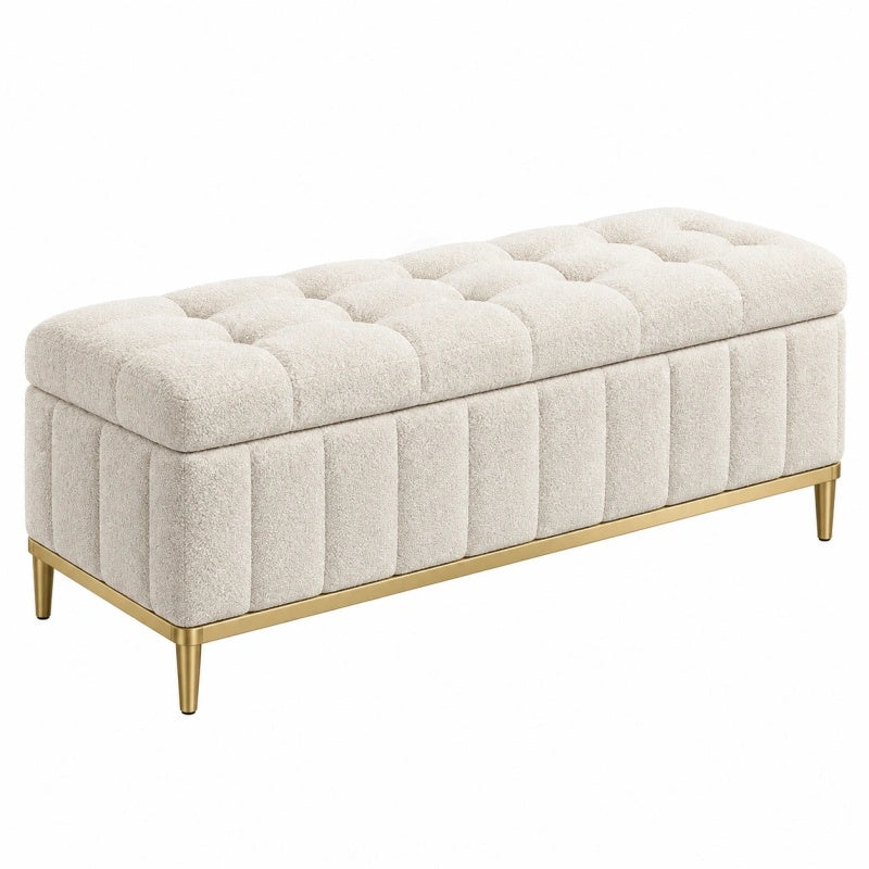 Panca contenitore 120 x 45 x 48 cm in tessuto bouclé beige con gambe dorate stile moderno