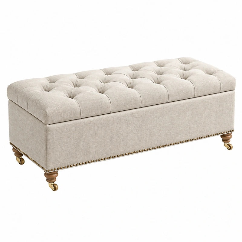 Panca contenitore 120 x 45 x 48 cm in tessuto beige con ruote stile classico