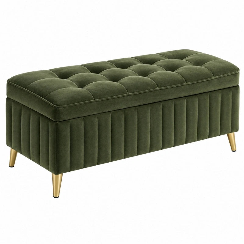 Panca contenitore 120 x 40 x 45 cm in velluto verde oliva con gambe metalliche - stile moderno