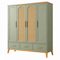 Armadio guardaroba 160 x 55 x 190 cm in legno verde salvia con rattan stile retrò