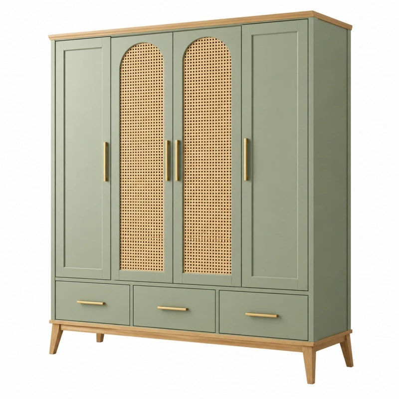 Armadio guardaroba 160 x 55 x 190 cm in legno verde salvia con rattan stile retrò