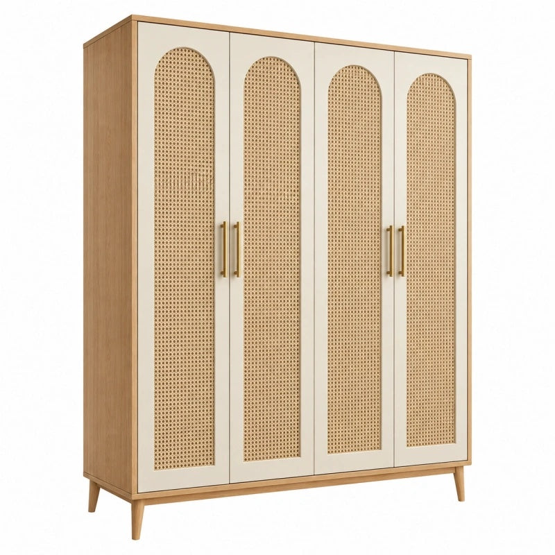 Armadio guardaroba 160 x 55 x 200 cm effetto legno naturale e beige con ante in rattan stile boho