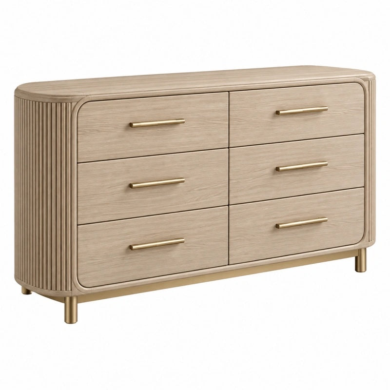 Cassettiera 150 x 45 x 80 cm in legno beige con sei cassetti stile moderno