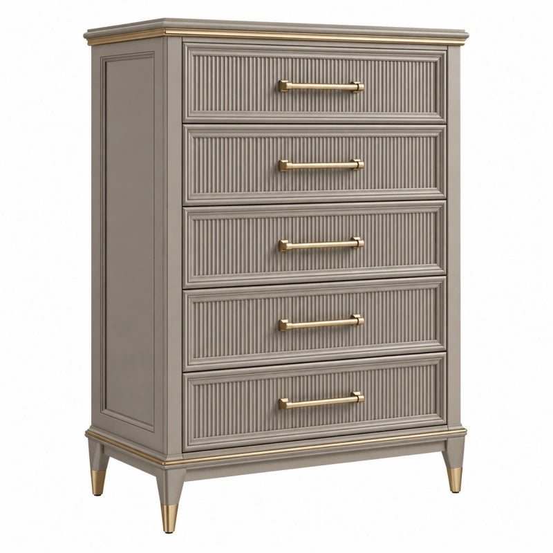 Cassettiera 90 x 45 x 130 cm in legno grigio tortora con dettagli dorati - stile classico a 5 cassetti