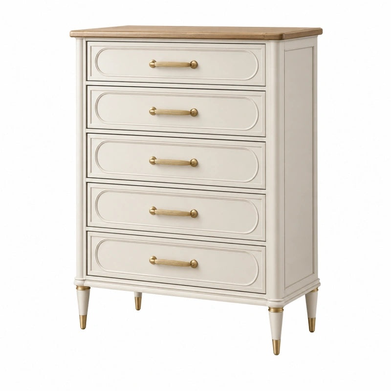 Cassettiera 80 x 40 x 110 cm in legno avorio con piano marrone stile classico a 5 cassetti