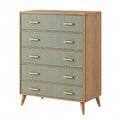 Cassettiera 80 x 40 x 110 cm in legno naturale e verde salvia con 5 cassetti stile moderno