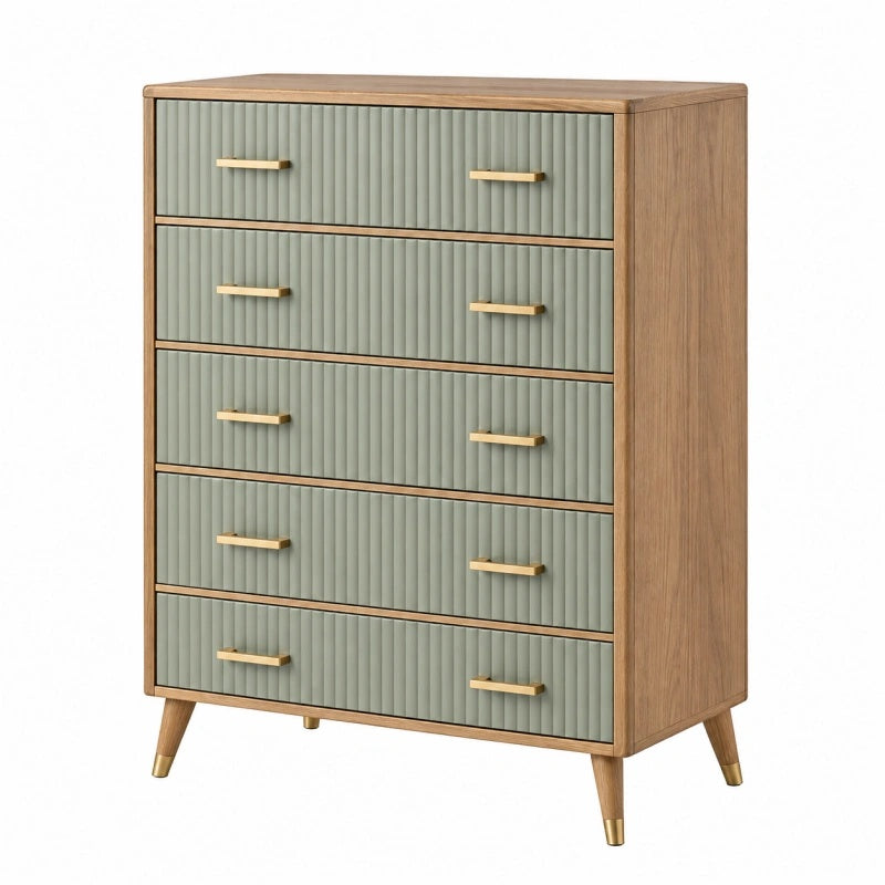 Cassettiera 80 x 40 x 110 cm in legno naturale e verde salvia con 5 cassetti stile moderno